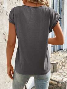 Camiseta de cuello redondo sólida, casual para el verano - Gris Oscuro - Ver 2