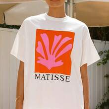Camiseta de Mujer con Estampado Abstracto de Plantas y Letras Inspirada en Matisse - Estampado Artístico en Rosa y Naranja, Cuello Redondo Transpirable, Top de Verano, Lavable a Máquina, Camiseta Casual para Entusiastas del Arte, Camisetas para Damas, Top de Corte Relajado, Camiseta de Diseño Minimalista, Material No Transparente, Tela de Elasticidad Media, Camiseta de Manga Corta, Ropa Artística, Estética Moderna, Tela No Transparente, Atuendo para el Día a Día, Camiseta Ligera, Top Estampado, Camiseta de Algodón para Amantes de la Moda. - Blanco - Ver 7