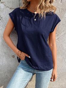 Camiseta casual de cuello redondo y mangas de murciélago - Azul marino - Ver 1