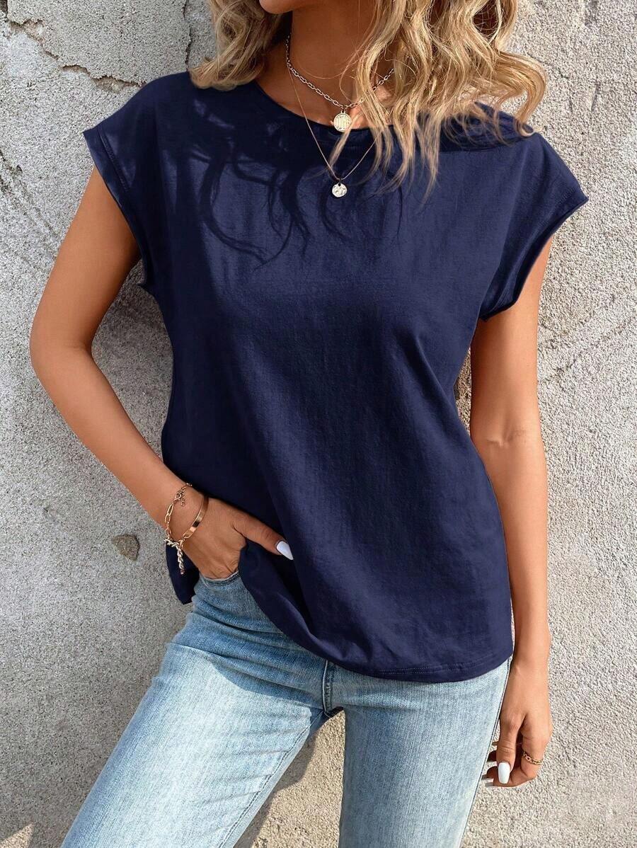 Camiseta casual de cuello redondo y mangas de murciélago - Azul marino - Ver 1