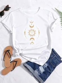 Limited Time Offer, Limited Quantities, Flash ! Women's Casual Shirts, Women's Polyester T-Shirts, Elegant Shirts, Sun And Moon Print T-Shirt, Women's Graphic Tee - 白色 - 查看 2
