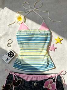 Este top deportivo sin espalda con estampado contrastante para mujer es perfecto para viajes a la isla, salidas a la playa, vacaciones, uso diario, festivales de música, fiestas y otras ocasiones. - Multicolor 11 - Ver 5