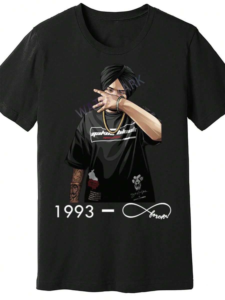 Sidhu Moosewala Unisex Commemorative T-Shirt For Men, Birthday Edition With Eternal Legend Pattern, Crew Neck, Loose Fit, Casual, Black, Breathable Fabric, Medium Elasticity, Commemorative Decoration For Fans, For Daily Wear And Special Occasions - 黑色 - 查看 1