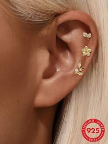 Conjunto de 3 brincos assimétricos de zircônia em prata de lei 925, brincos femininos para orelha furada, ideais para noivas e casamentos. - Ouro - Ver 4