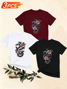 Women's T-Shirts, Women's T-Shirts, Casual One-Piece T-Shirt With Snake And Rose Print, Comfortable Cotton Top With Round Neck And Short Sleeves, Unique And Fashionable Outfit. - 1件黑色隨機圖案 - 查看 6