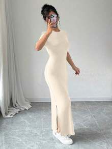 Vestido largo de mujer de manga corta con cuello en V y bajo dividido, de unicolor, vestido maxi elegante de color burdeos, vestido largo ajustado, vestido largo rojo, vestido maxi de manga corta para mujer, vestidos de mujer, vestido largo ajust - Albaricoque - Ver 6
