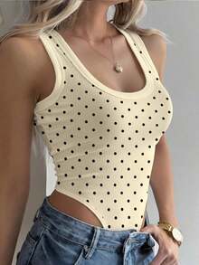 Mono de punto acanalado de unicolor minimalista para uso diario y casual de mujer, con cuello de pico ajustado y sin mangas - Multicolor 2 - Ver 6