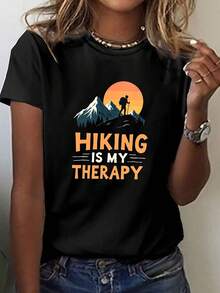 Women's "Hiking Is My Therapy" Short Sleeve Graphic T-Shirt - Casual Crew Neck Summer And Spring Mountain And Hiking Design, Outdoor Casual Wear | Casual Style | Short Sleeve T-Shirt - 黑色 - 查看 1