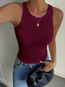 Blusa sin mangas para mujer, de unicolor elegante, adecuada para otoño e invierno - Morado - Ver 4