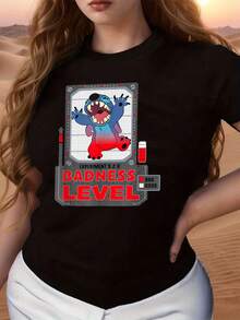 Fun Graphic Showing A Smiling Blue Character Raising Its Mischievous Level With Positive Energy, Indicating The Duality Between Good And Evil, Symbolizing Freedom And Modern Humor. Comfortable Casual Women's T-Shirt For Everyday Wear. - Black - View 6