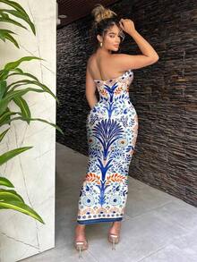 Vestido ajustado con estampado floral retro y estilo bohemio casual para mujeres, adecuado para vacaciones de verano - Blanco - Ver 2