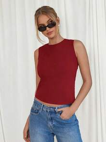 1 pieza Blusa elegante sin mangas de unicolor con espalda descubierta y lazo - Rojo - Ver 3