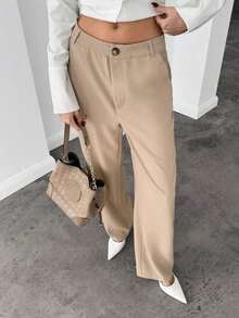 Pantalones rectos unicolor con cremallera - Caqui - Ver 1