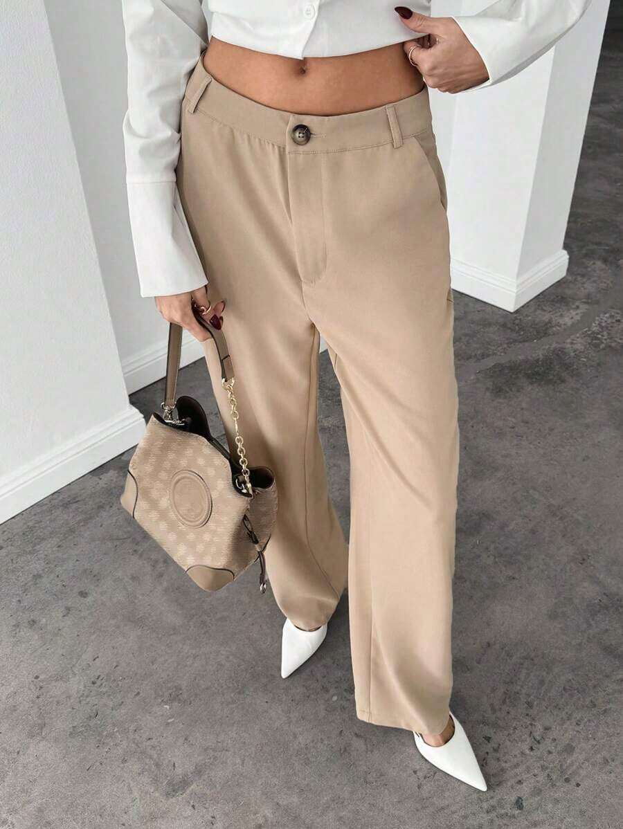 Pantalones rectos unicolor con cremallera - Caqui - Ver 1