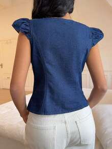 Blusa de mezclilla para mujer, casual con cuello redondo ajustado, azul, adecuada para fiestas, vacaciones, citas, San Valentín, té de la tarde.Blusa casual de rayas con botones delanteros sin mangas, estilo minimalista, para primavera/verano.Blusa - Azul - Ver 2