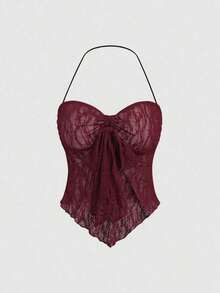 Top corto de verano para mujer con cuello halter y nudo delantero en unicolor, estilo Y2K - Burdeos - Ver 7