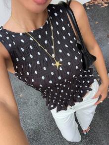 Gaze Blusa de verano con estampado de cerezas, cuello redondo, volantes en el bajo, para mujer.Top rojo vino, top de verano rojo, top rojo y blanco, top de lunares - Negro - Ver 1