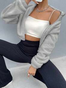 Drop Shoulder Zip Up Teddy Jacket Fall Winter Cloth For Women - Gris - Ver 4