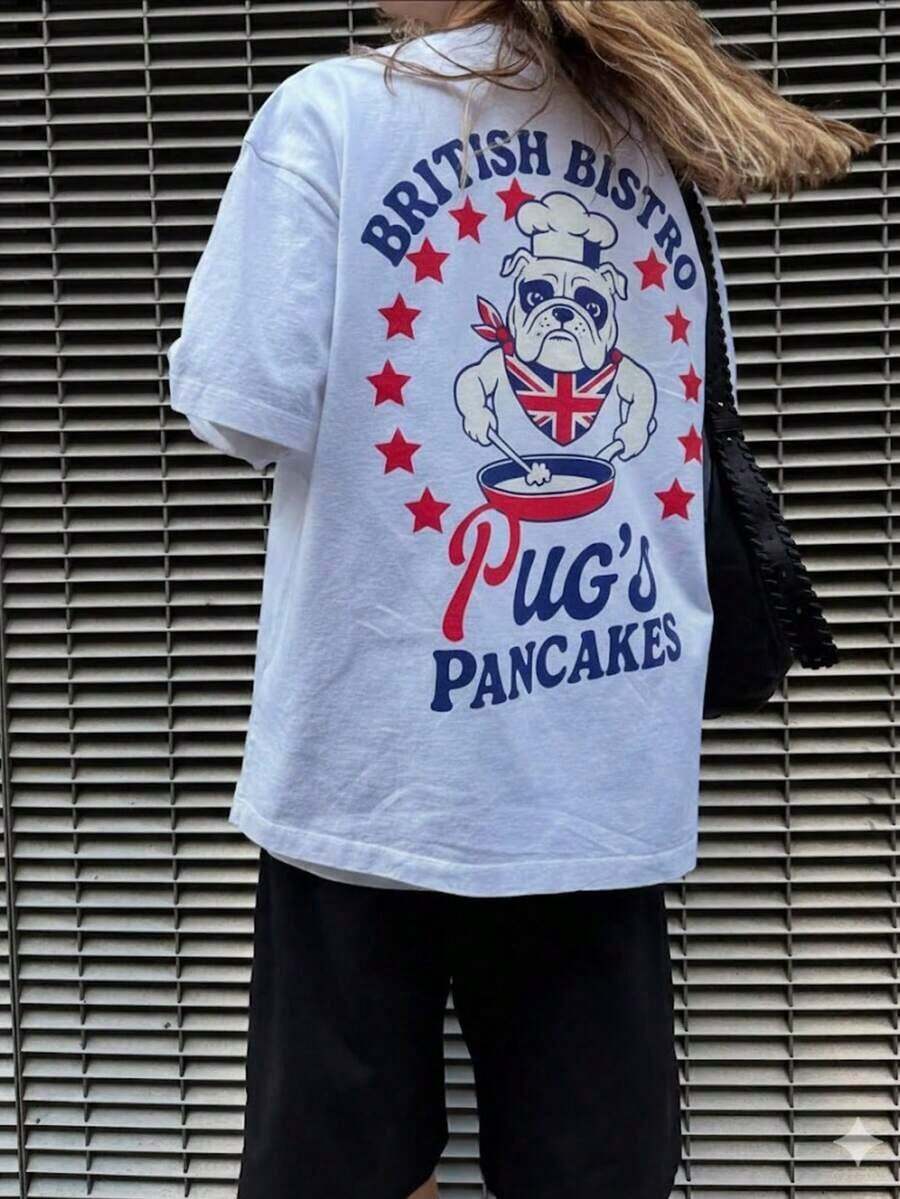 Camiseta de manga corta para mujer con estampado retro británico de pug, panqueques y bulldog, estética, con gráfico de perro lindo, de corte holgado, cuello redondo, estilo casual y moderno para uso diario, estilo urbano, salidas de verano, vacaciones. 3A2F - Blanco - Ver 1