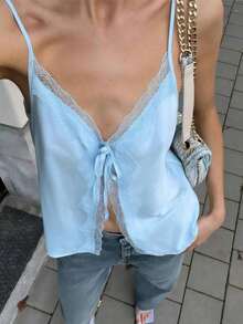 Camiseta de tirantes con diseño de cordones y patchwork de unicolor, elegante y casual, adecuada para la playa y vacaciones, primavera/verano - Celeste - Ver 1