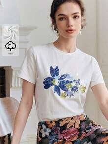 1 Piece Of Elegant Women's T-Shirt, 94% Cotton, Minimalist, Casual For Everyday Wear, Short Sleeve, Round Neck, Adorned With Sequin Embroidery, Black Color, 180g, 100% Cotton. - 白色 - 查看 4