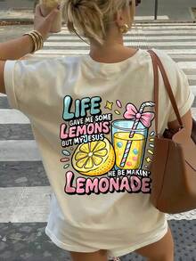 Áo thun nữ mùa hè in chữ "Lemon Lemonade" dáng rộng cổ tròn tay ngắn, kiểu dáng thường ngày. - Màu be - Xem 2