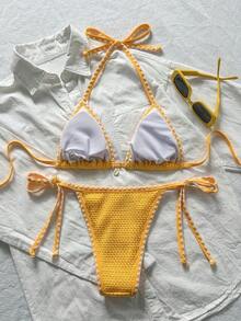 Conjunto de bikini de 2 piezas para mujer de verano con tela jacquard de unicolor, volantes en el borde y tirantes ajustables - Amarillo - Ver 6