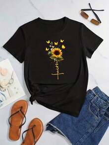 VintageCamiseta de verano impresa Faith unfower, top de manga corta y cuello redondo que combina con todo, ropa de mujerGraphic Tee - Negro - Ver 6