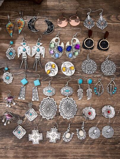 LUMIDIYA Western Retro Exaggerated Earring Set, Featuring A Combination Of Multiple Elements, Diverse Styles, And Easy To Match. Bohemian Drop Earrings, Suitable For Wearing On Various Occasions. There Are Various Styles Such As Teardrop-Shaped Cactus Turquoise Earrings, Oval Turquoise Earrings, Cross-Engraved Earrings, Long Turquoise Earrings