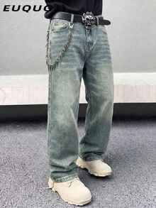 Quần jeans nam dáng rộng, ống đứng, phong cách đường phố thường ngày, phù hợp mọi mùa. - Màu xanh Ô liu - Xem 4