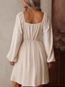 Vestido bohemio de estilo mini con cuello en V, hueco, de ganchillo, parches, manga larga, cintura elástica y bajo suelto, en color albaricoque, para mujer, para otoño/invierno - Albaricoque - Ver 2