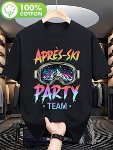 Camiseta Retro de Fiesta de Esquí para Hombres y Mujeres de los Años 80 y 90 - Presenta un Estampado de Equipo APRES-SKI con Brillo Neón, Diseñada con Corte Holgado y Mangas Cortas, con un Gráfico de Snowboard y Montaña, Perfecta para Uso Casual y Ropa de Estación de Esquí. - Negro - Ver 1