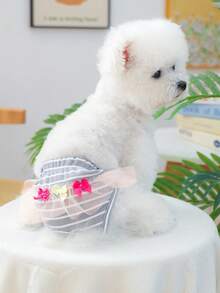 1件宠物衣服，狗/猫服装 - 快乐小狗休闲时尚可爱舒适薄纱蝴蝶结尿布裤，灰白条纹 - 彩色 - 查看 2