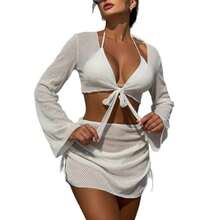Nuevo traje de baño de cuatro piezas de color sólido, sexy, estilo ins, ideal para vacaciones de verano en la playa. - Rojo - Ver 6
