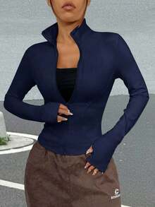 Chaqueta de manga larga de punto ajustada con protección solar para mujer en otoño/invierno, color albaricoque - Azul marino - Ver 3