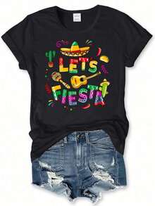 Cinco De Mayo Print Graphic T-Shirt, Cute Cartoon Short Sleeve Crew Neck Shirt, Casual Every Day Tops, Women's Clothing playeras de mujer,playeras de hombre,playeras de mujer curvy - Negro - Ver 7