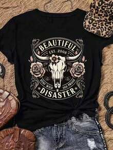 New Fall/Winter 2026 Release: Women's Short-Sleeved T-Shirt With A Round Neck, Relaxed Fit, And A Bull's Head Print In A Modern Design. Ultra-Soft Fabric With A Beautiful Drape, Ideal For Urban Looks And Street Style. - 黑色 - 查看 1
