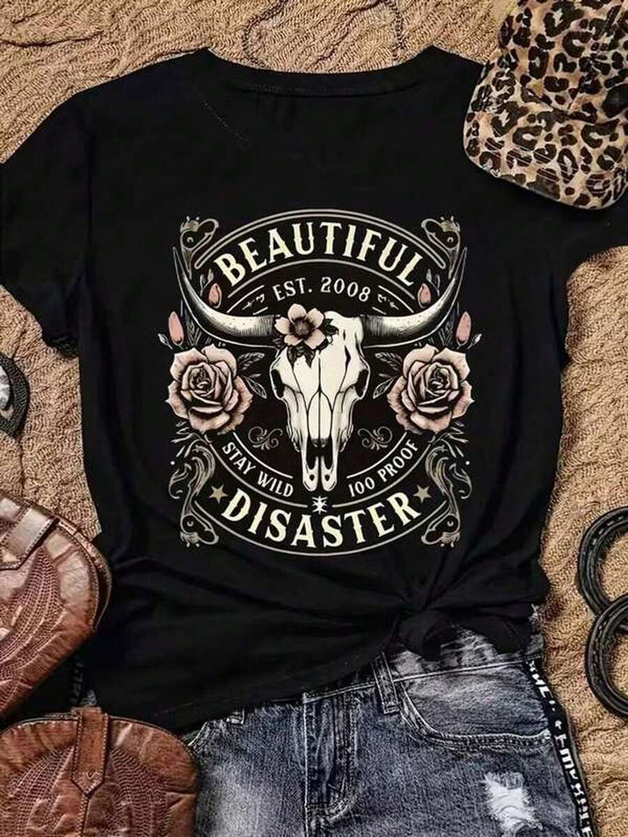 New Fall/Winter 2026 Release: Women's Short-Sleeved T-Shirt With A Round Neck, Relaxed Fit, And A Bull's Head Print In A Modern Design. Ultra-Soft Fabric With A Beautiful Drape, Ideal For Urban Looks And Street Style. - 黑色 - 查看 1