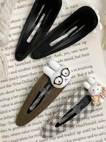 可愛 Miffy 咖啡色調水滴 BB 髮夾，2 款設計純棕色與格紋 3D Miffy，堅固金屬夾，適合日常上學與秋季穿搭 - 彩色 - 查看 3