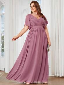 EVERPRETTY Váy dạ hội phù dâu màu hồng cổ chữ V tay bèo thanh lịch cho người size lớn, phù hợp cho khách mời đám cưới, mẹ cô dâu, đi nghỉ dưỡng, dự tiệc mùa hè - Bụi hồng - Xem 4