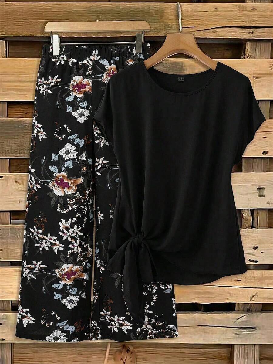 Clasi Conjunto de 2 piezas de camisa con lazo verde minimalista casual y pantalones rectos sueltos con estampado geométrico, adecuado para principios de otoño - Negro - Ver 1