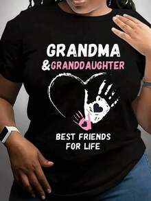 "Grandma And Granddaughter's Best Friend For Life" T-Shirt, Cute Black T-Shirt With White And Pink Heart-Shaped Handprint Design, Casual Short-Sleeved Summer Top, Suitable For Strengthening Family Bonds, A Great Gift For Grandma. - 黑色 - 查看 6