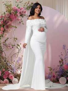 JustVH Floral Off-Shoulder Maternity Dress Suitable For Baby Shower Party, Long Sleeve Mesh Cape Maternity Outfit Plus Size Women Photography Prop - White - View 4