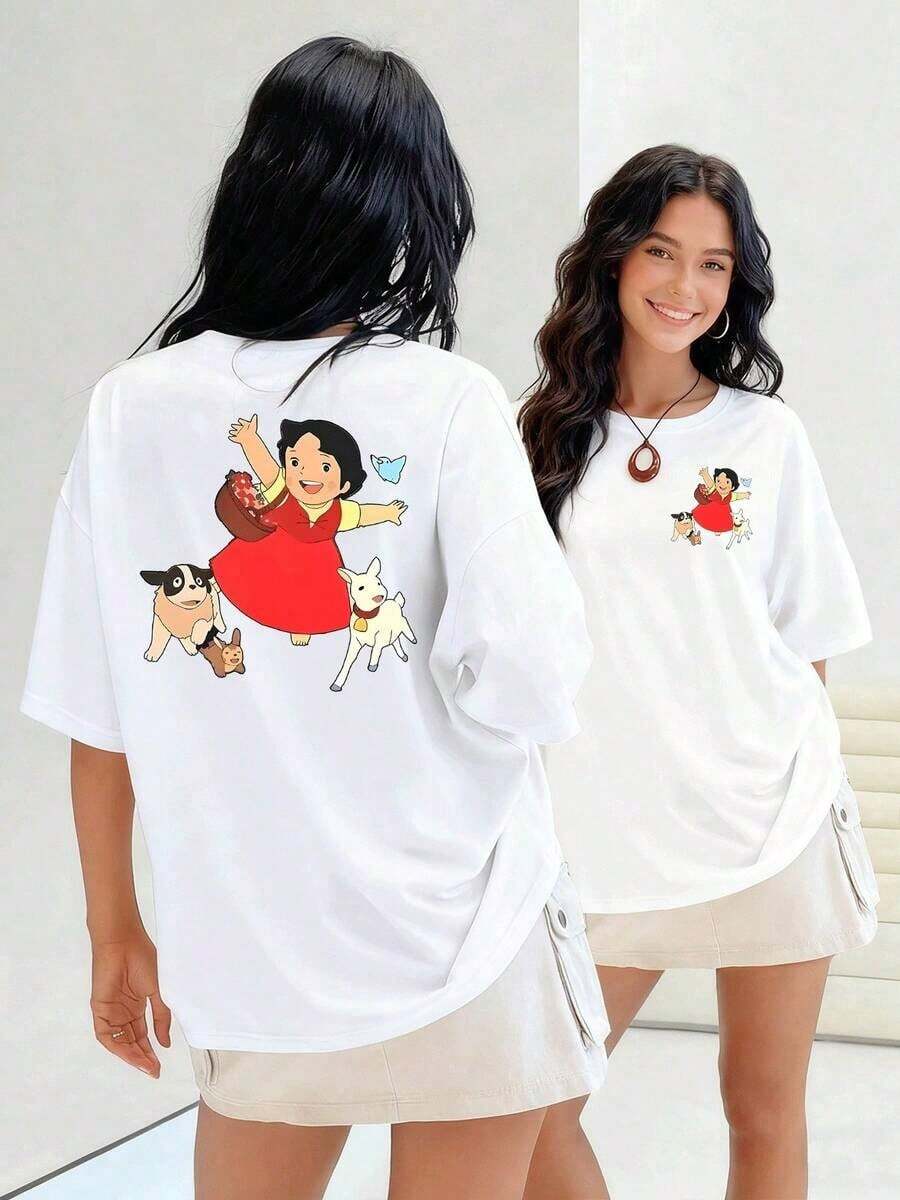 Una alegre niña rodeada de un perro un conejo y una cabra saltando feliz camiseta de mujer con 100% algodón para un look casual y divertido que transmite alegría infantil.Suitable for spring, summer and autumn - Blanco - Ver 1