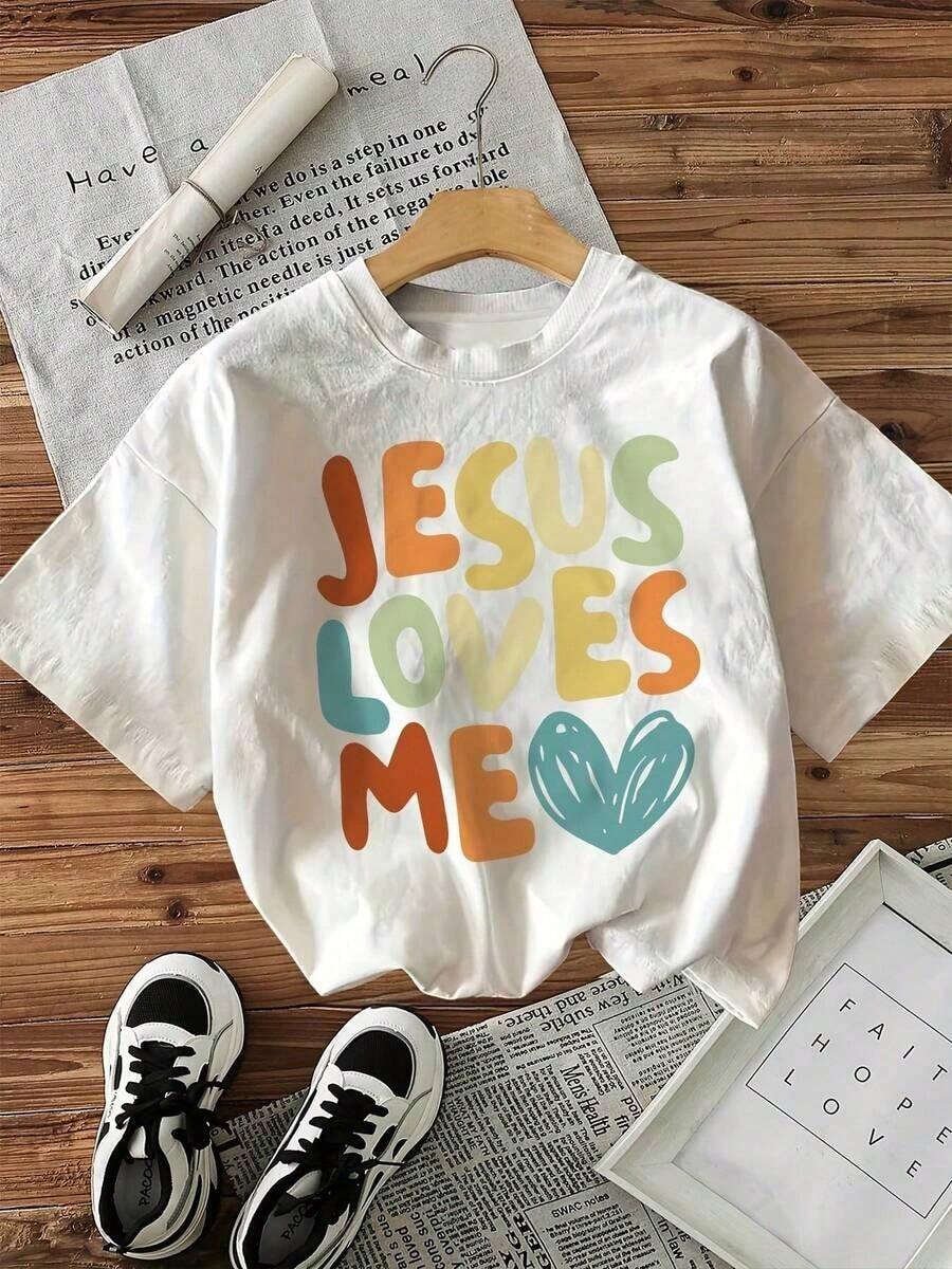 Modern Minimalist | Women's Breathable Cotton T-Shirt | Women's T-Shirt With "Jesus Loves Me" Graphic Print And Heart - Casual Short Sleeve Crew Neck Lettering T-Shirt, Breathable, Machine Washable, Faith-Inspired Clothing For All Seasons, Faith Clothing, Fun Design, Comfortable Fit, Printed T-Shirt, Faith-Inspired Fashion, Ideal For Summer/Casual Everyday Wear - 白色 - 查看 1