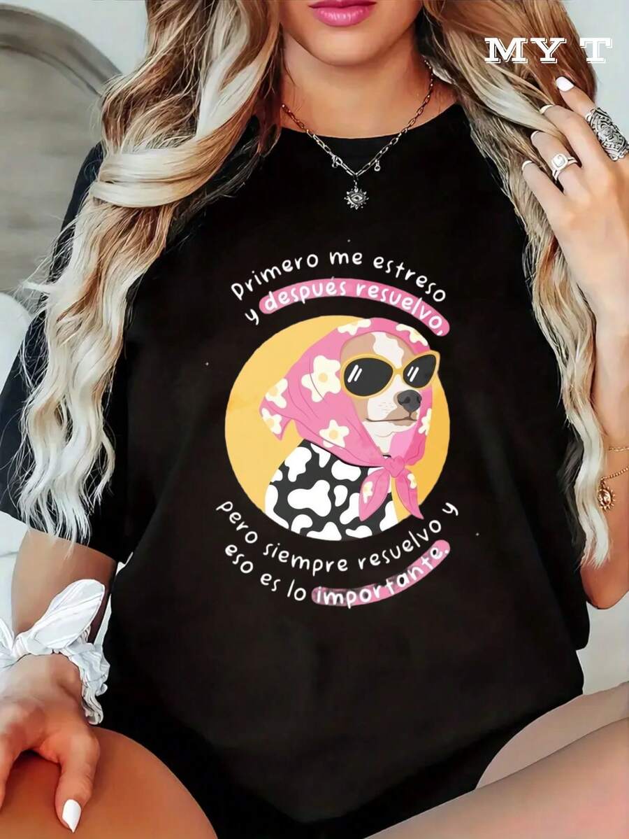 MYAZUL T 1 Piece Soft Cotton T-Shirt For Women With Cute Dog Print, "First Stretches Then Relaxes" Design, Perfect For Dog Lovers And Summer Gifts, Fashionable Casual Wear For Mother's Day And Valentine's Day, Women's Summer Dresses, Casual, Perfect For All Seasons - 黑色 - 查看 1
