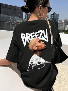 Camiseta Casual de Manga Corta para Mujer - Top Estampado Transpirable de Cuello Redondo para Verano, Diseño con Patrón Blanco y Negro, Esencial para Entrenamiento Físico y Uso Diario, Camiseta Deportiva Ligera, Duradera y de Elasticidad Media, Estampado de Letras BREEZY, Estilo de Vida a la Moda. - Negro - Ver 3