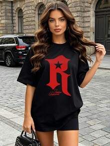 Women's Summer Casual Soft Round Neck Short Sleeve T-Shirt,The Star Letter R Print Graphic Is Suitable For Daily Wear In Spring And Summer.Black - Black - View 2