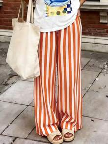 Pantalones sueltos y casuales a rayas para mujer, pantalones ligeros y cómodos de estilo bohemio elegante para primavera, verano y otoño, vacaciones en color rosa - Naranja Quemada - Ver 1