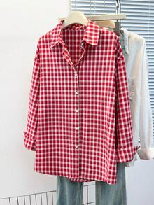 Áo sơ mi nữ dài tay kẻ caro xanh dương, chất liệu polyester, kiểu dáng thường ngày. - Đỏ - Xem 2